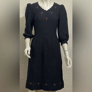 Vintage 80s ADOLFO at Saks Fifth Ave Black Knit Floral Dress Wool Blend Sz Small